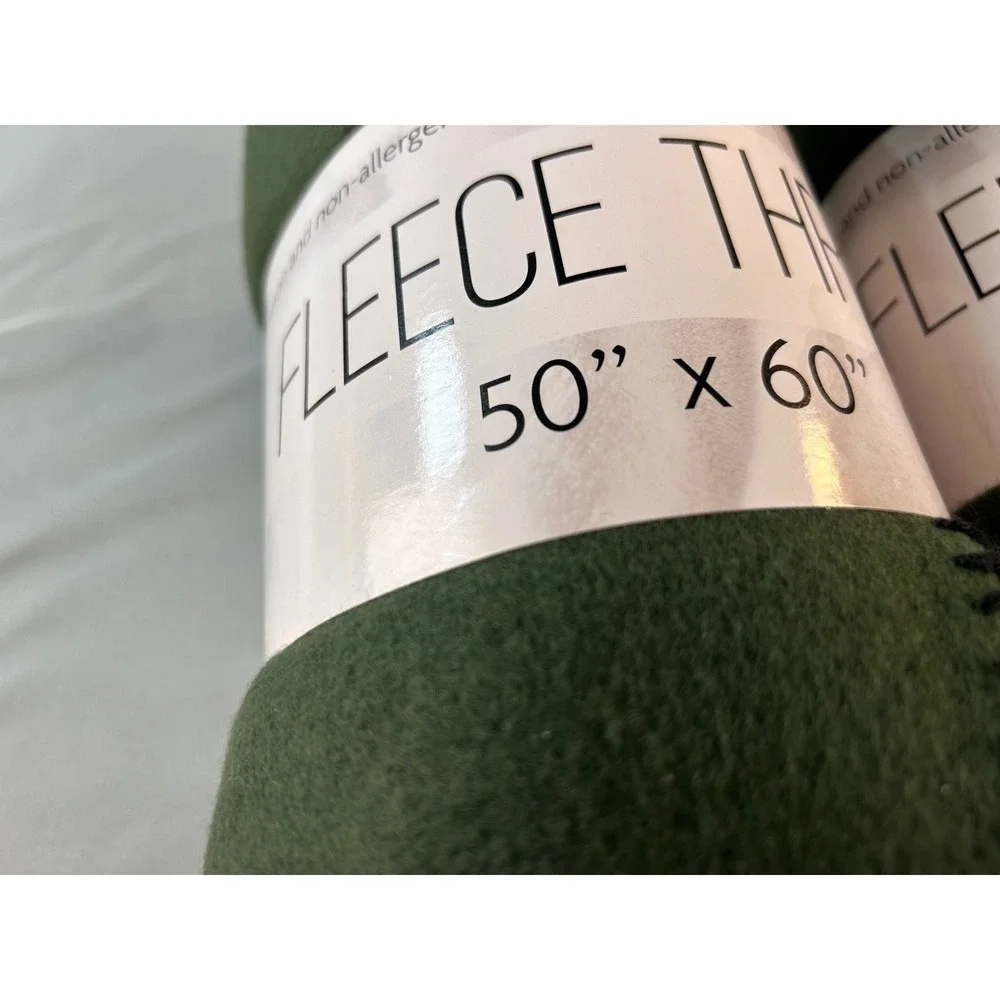 Lot of 2 Olive Green Fleece Throw Blankets 50x60 Whipstitch‎ Edge Soft Warm New